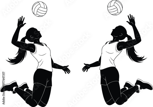 Volleyball player silhouette illustration, jump serve design, athletic sports icon, black and white artwork, female athlete graphic, competitive game sketch, motion symbol