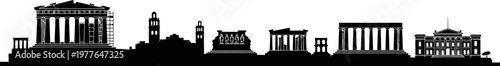 Minimalist black and white vector skyline of Athens, featuring Parthenon, ancient ruins, flat silhouette style, clean vector lines, white background