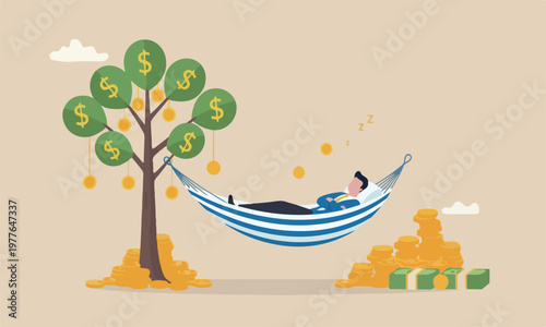 Passive income, no by make profit or dividend from investment and achieve financial freedom concept, happy rich businessman sleeping in hammock tied on money tree with dollar coins