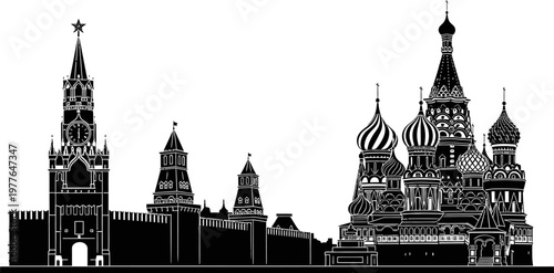 Minimalist black and white vector skyline of Moscow, featuring Saint Basil’s Cathedral, Kremlin towers, flat silhouette vector, high contrast, clean lines