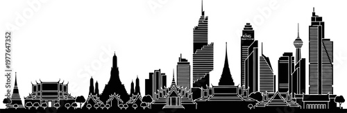 Minimalist black and white vector skyline of Bangkok, featuring temples and modern buildings, flat silhouette style, high contrast, clean lines, isolated on white background