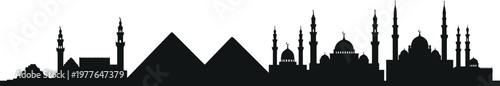 Minimalist black and white vector skyline of Cairo, featuring pyramids, mosques, skyline silhouette, clean vector lines, flat design, white background 