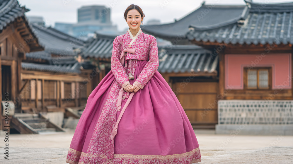 Fototapeta premium Woman in traditional hanbok standing in a Korean palace courtyard, smiling