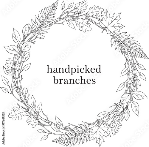 Delicate hand drawn botanical wreath illustration featuring diverse autumn leaves like oak and maple intertwined with ferns and delicate branches creating a rustic organic