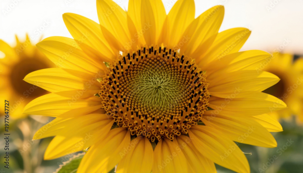 Fototapeta premium A sunflower stands tall against a backdrop of more sunflowers. The vibrant yellow petals of the sunflower capture the sunlight beautifully.