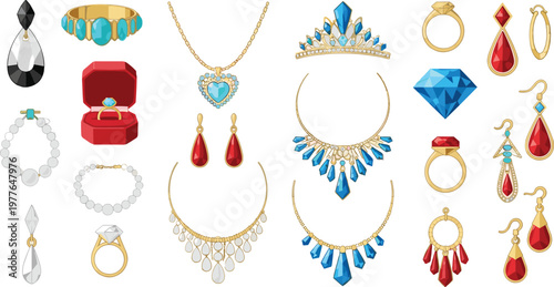Luxury Jewelry Icon Set Featuring Rings, Necklaces, Earrings, and Gems for Fashion, Accessories, and Elegant Designs