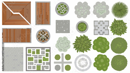 Assorted top down views of plants flooring and garden elements