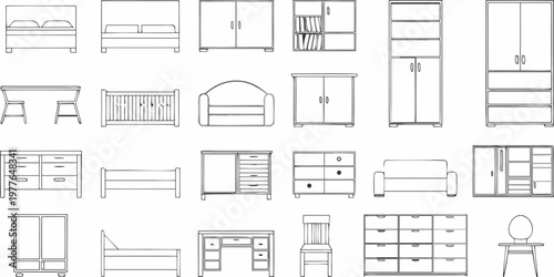 Line drawing collection of various furniture items in a white space