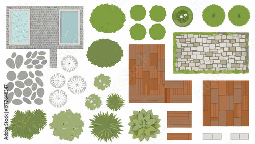 Aerial view of landscape elements trees bushes stone walls and flooring