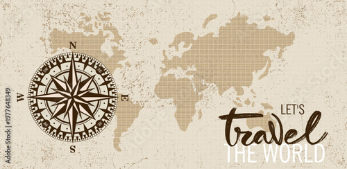 Vintage compass wind rose over old world map, nautical star for mariners with latitude, longitude navigation theme. Retro maritime vector concept for sea voyages, exploration, travel maps. Wind Rose.