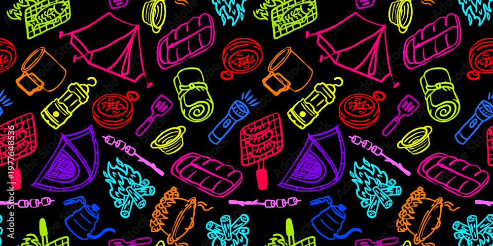 Naklejka premium neon camping seamless pattern with colorful hand drawn outdoor icons on black background vibrant adventure equipment doodle