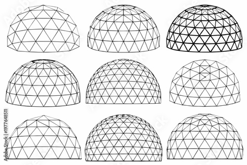 Nine geodesic domes in varying densities of triangular patterns