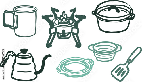 hand drawn camping cookware set with gas stove kettle mug pot and collapsible silicone bowls isolated on white for outdoor adventure