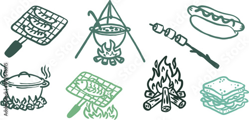 hand drawn camping food set with barbecue grill sausages pot on campfire fish and toasted marshmallows on stick for forest picnic line web design