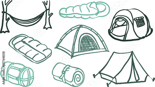 hand drawn camping equipment set with different tents sleeping bags hammock and tourist mat isolated white background line art logo design