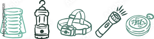 hand drawn camping light line set with flashlight lantern headlamp and compass isolated on white for outdoor travel and survival gear