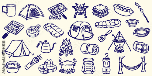 hand drawn camping doodle set with outdoor equipment icons including tent campfire sleeping bag compass lantern and tourist food