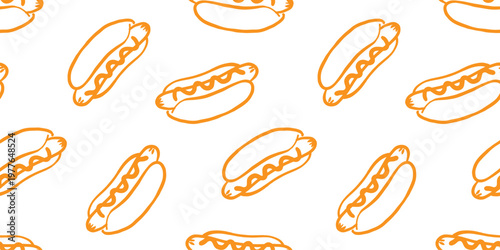 hand drawn hot dog seamless pattern with mustard on white background minimalist food illustration for fast food packaging design