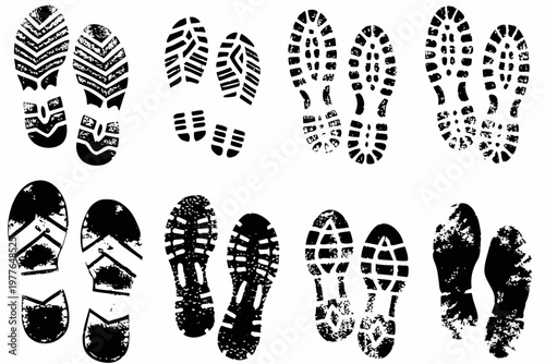 Collection of diverse shoe and footprint impressions in black and white