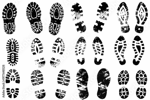 Collection of diverse black footprints on a clean white background