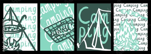 camping vertical posters set with hand drawn tent campfire fish on grill and pot for social media stories and travel design