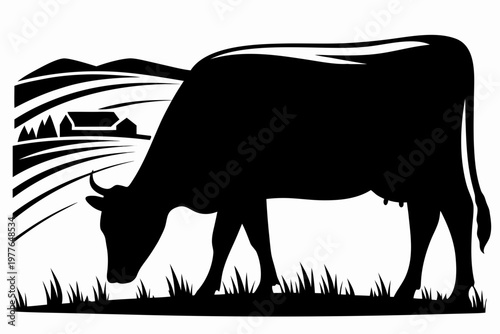 A black silhouette of a cow grazing in a rural landscape