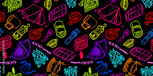 neon camping seamless pattern with colorful hand drawn outdoor icons on black background vibrant adventure equipment doodle