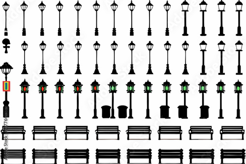 Collection of black street lamps benches and a fire hydrant icon set