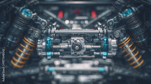Automotive engine mechanical components view from front with metallic turbo details