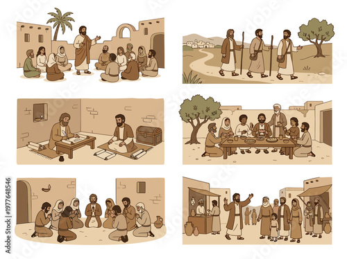 Biblical apostles illustration set, early christian community life scenes, flat vector teaching and praying