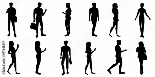 Collection of black silhouettes depicting people walking and standing