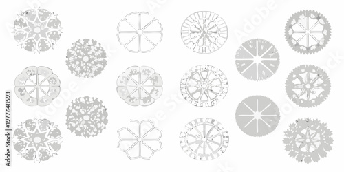 Collection of various circular gear and sprocket illustrations in grayscale