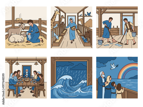 Noah's Ark bible story illustration set: family life and animal care scenes, flat style