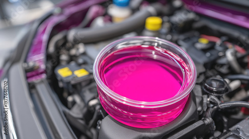 Bright pink coolant reservoir in car engine bay with blurred engine components