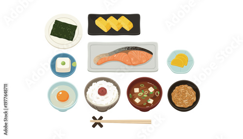 Sushi, Japanese food icons, seafood dishes, vector illustrations