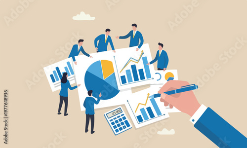 Finance, business pillars hand holding pen reviewing pie chart and graph information report with calculator on office desk