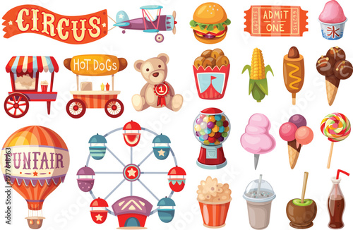 Colorful collection of circus and funfair food and attractions