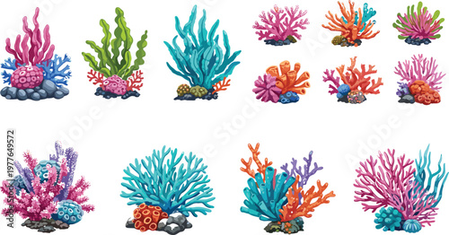 Coral Reef and Underwater Plant Icon Set Featuring Colorful Coral, Seaweed, and Marine Life DesignsCoral Reef and Underwater Plant Icon Set Featuring Colorful Coral, Seaweed, and Marine Life Designs