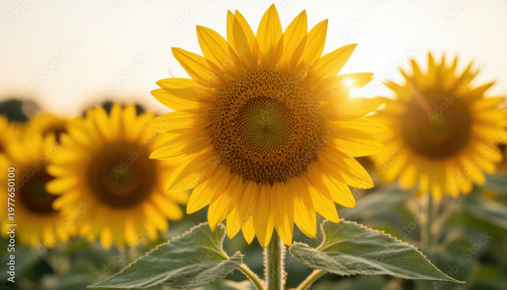 Fototapeta premium bright sunflowers in a field, with the sun shining behind them. These sunflowers display vibrant yellow petals and a rich brown center.
