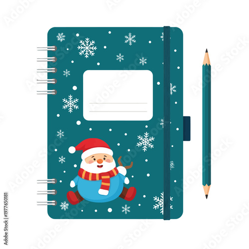 A notebook decorated with a cartoon Santa Claus and snowflake patterns sits beside a pencil, providing ample space for your seasonal notes.