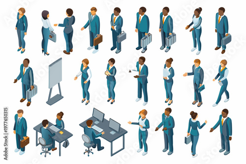 Isometric illustration depicting diverse business professionals in various work settings