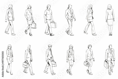 Fashion sketches of diverse people walking in business attire