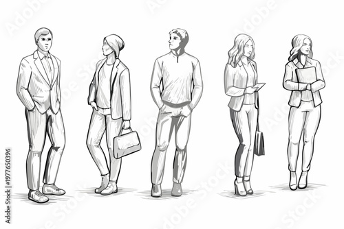 Foto A group of six people sketched in a simple monochrome style