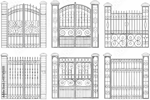 Intricate wrought iron gates and fence sections in black and white