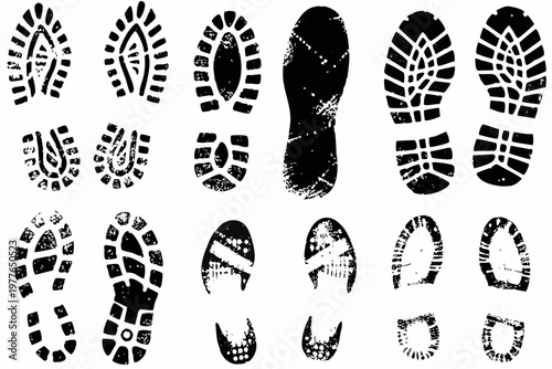 Collection of various black shoe and boot sole prints on white background