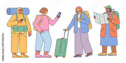 Diverse group of travelers with backpacks and luggage on an adventure