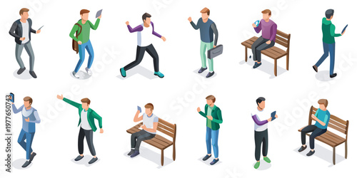 Isometric illustration of diverse people interacting with mobile devices