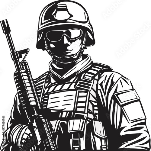 Fully equipped tactical soldier holding assault rifle in combat gear ready for mission