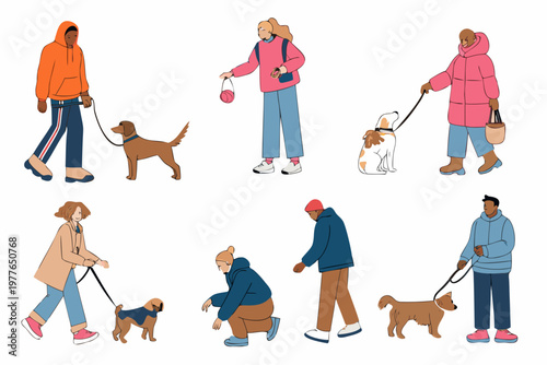 Diverse group of people walking dogs in a colorful illustrated style