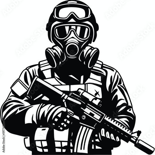 Professional soldier in tactical gear wearing a gas mask and combat helmet holding a rifle
